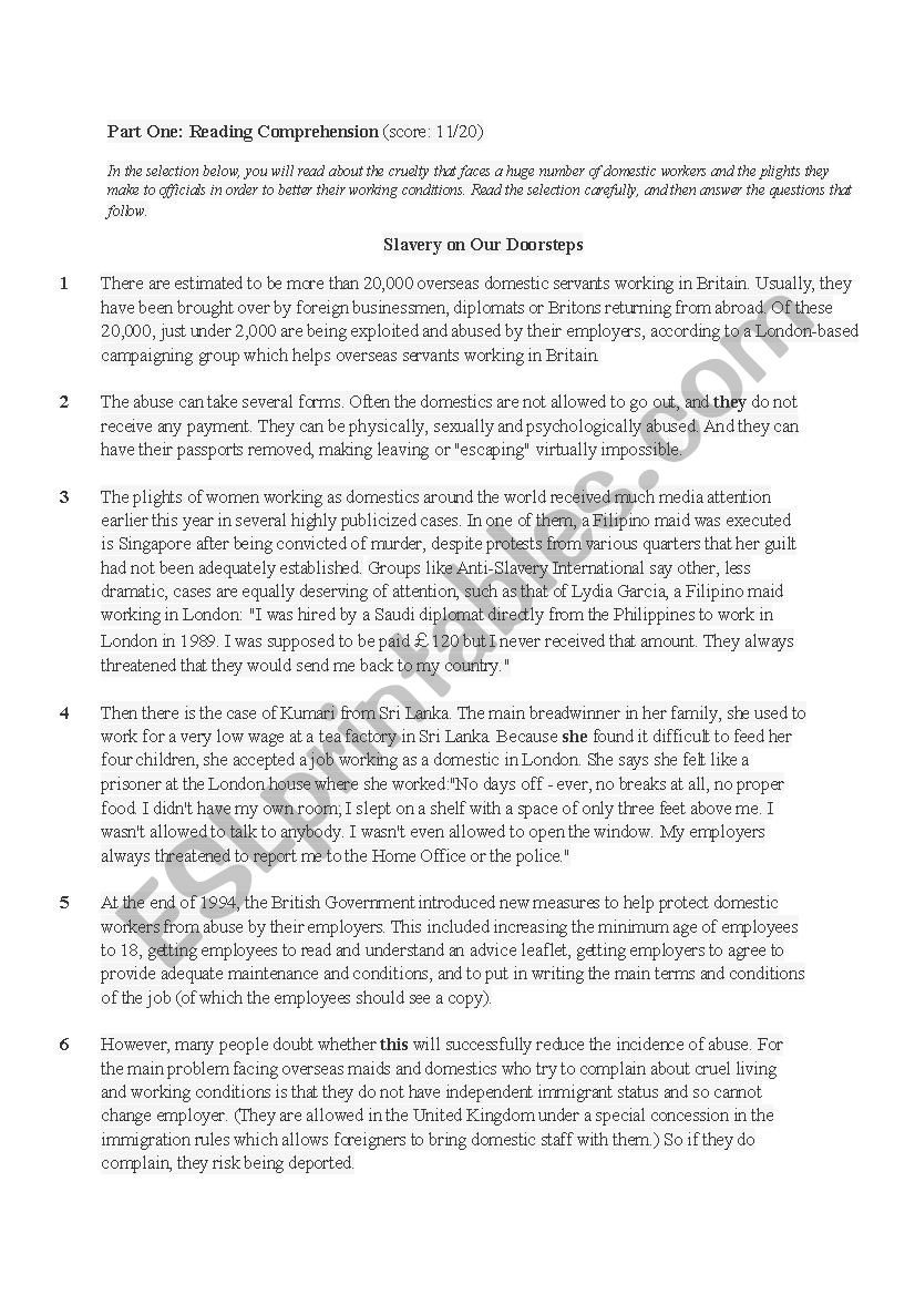 reading comprehension exam worksheet