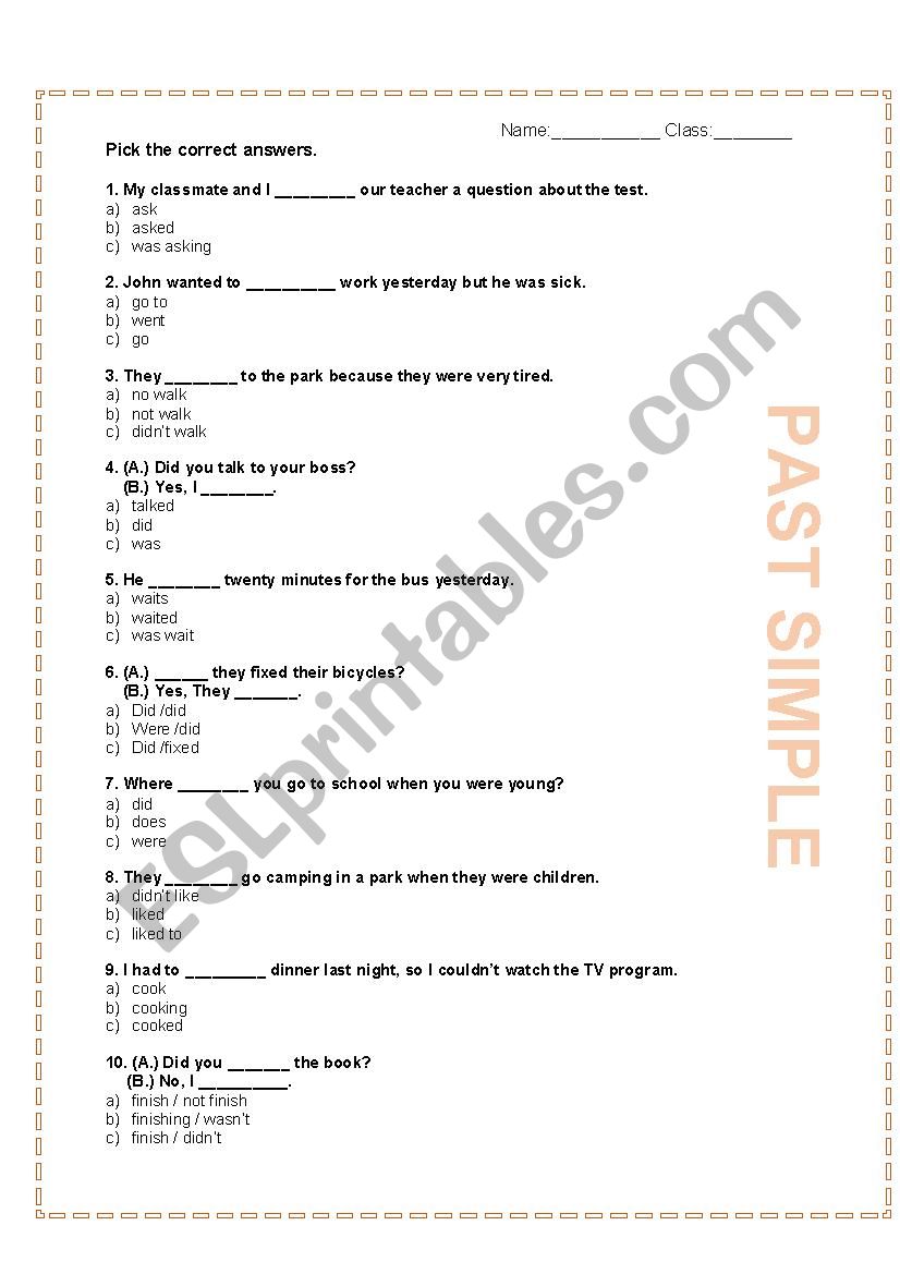 Past Simple Multiple Choice ESL Worksheet By KroeMatt