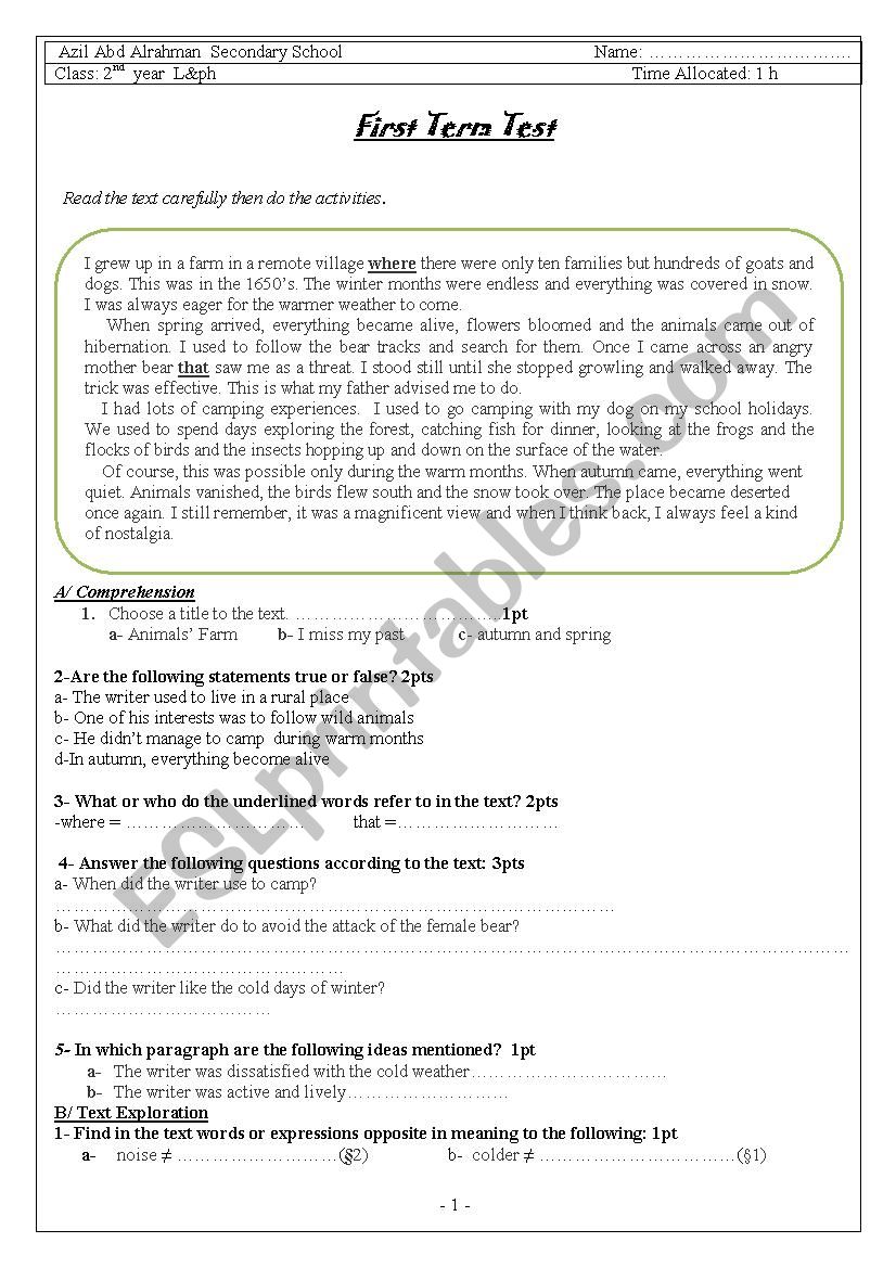 test  signs of the time worksheet