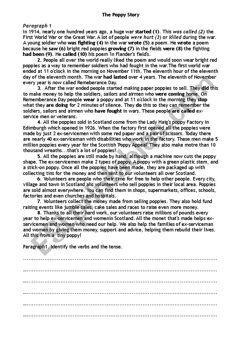 Remeberance Day Poppies CO worksheet