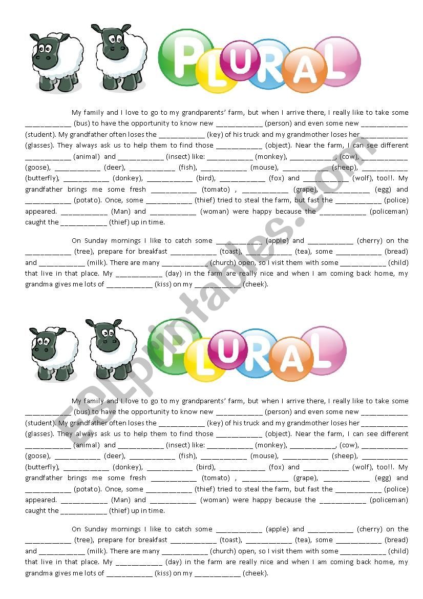 Plural of Nouns - TEXT TO COMPLETE USING THE PLURAL FORM