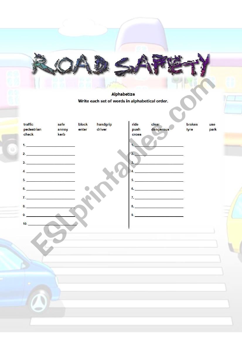 ROAD SAFETY (2)  Alphabetize With Answers