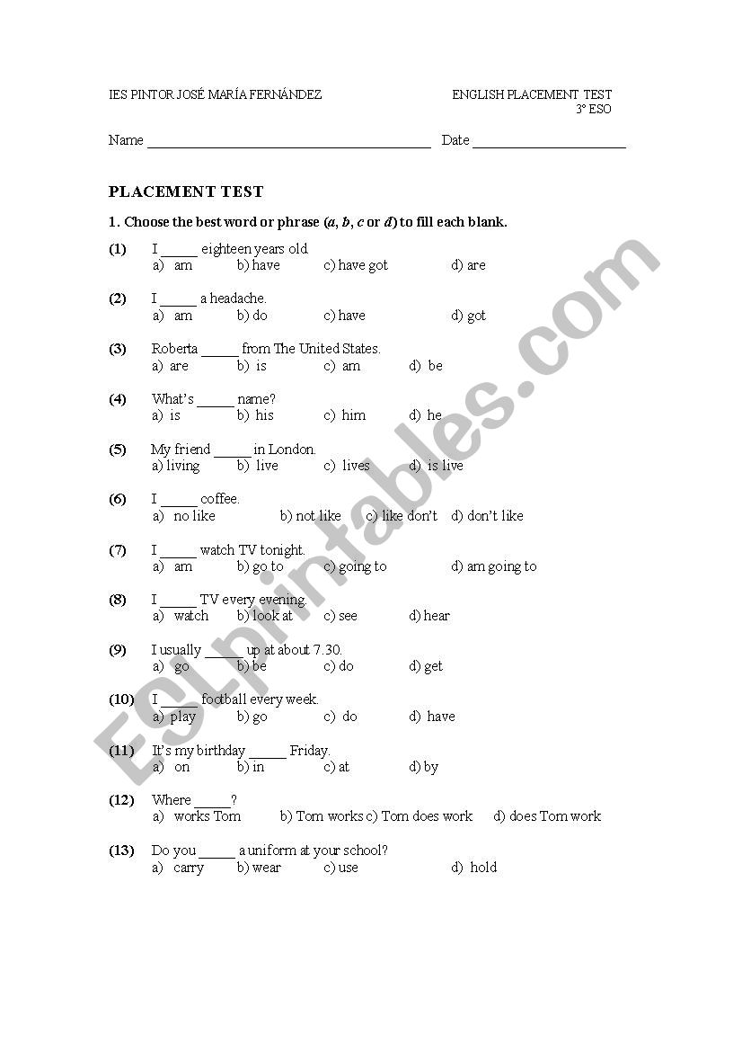 Diagnostic Test 3rd course ESO