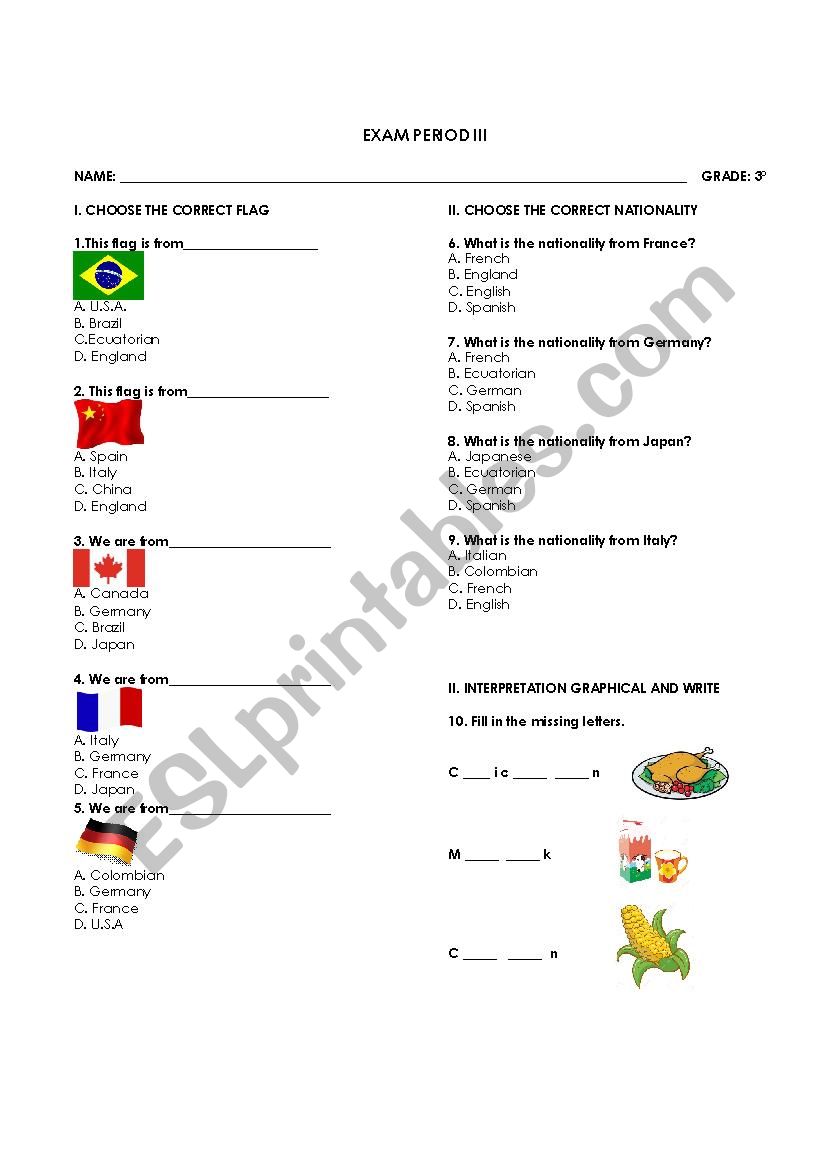Nationality and Foods worksheet