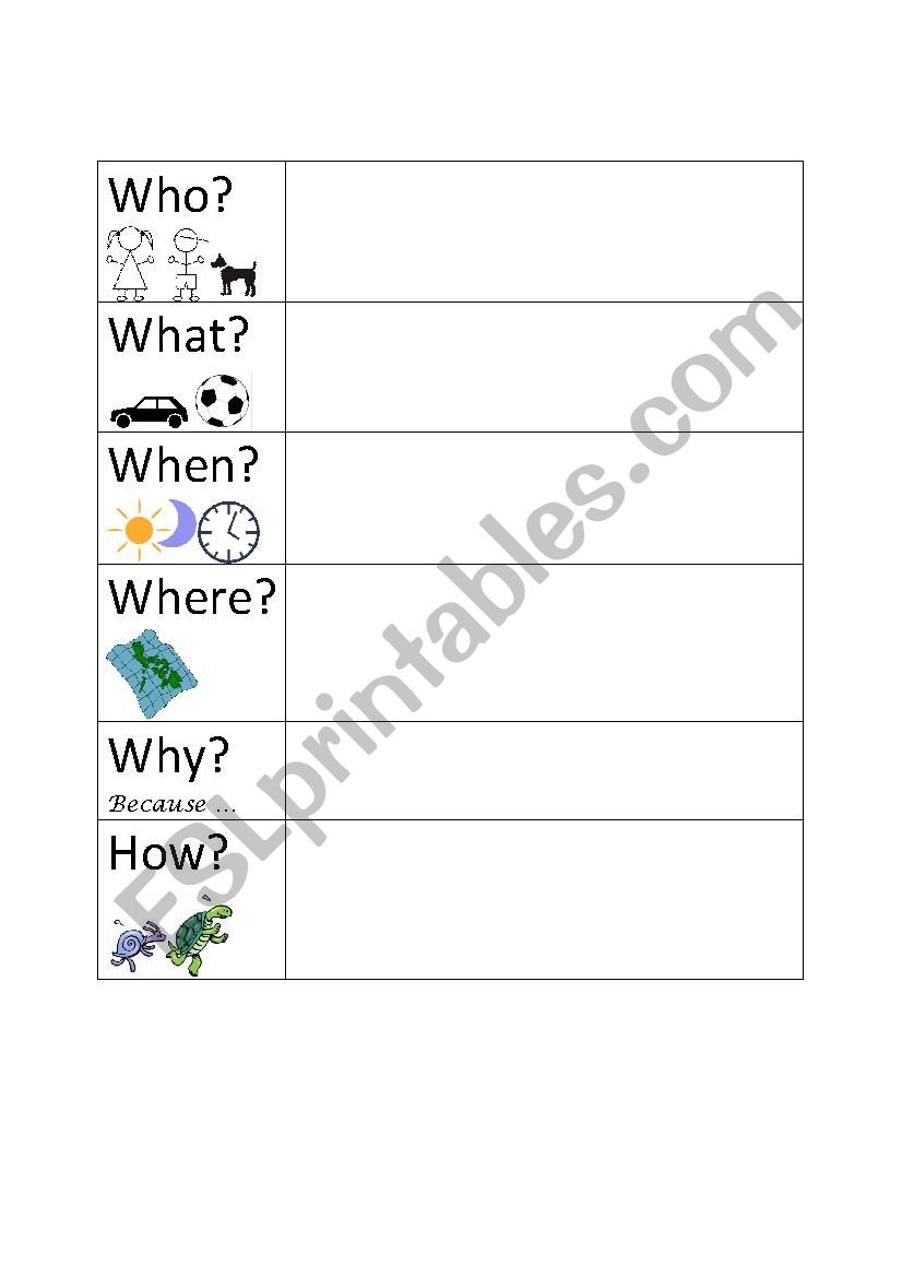 Who What When Where Why How? Template ESL worksheet by happiestmonkey