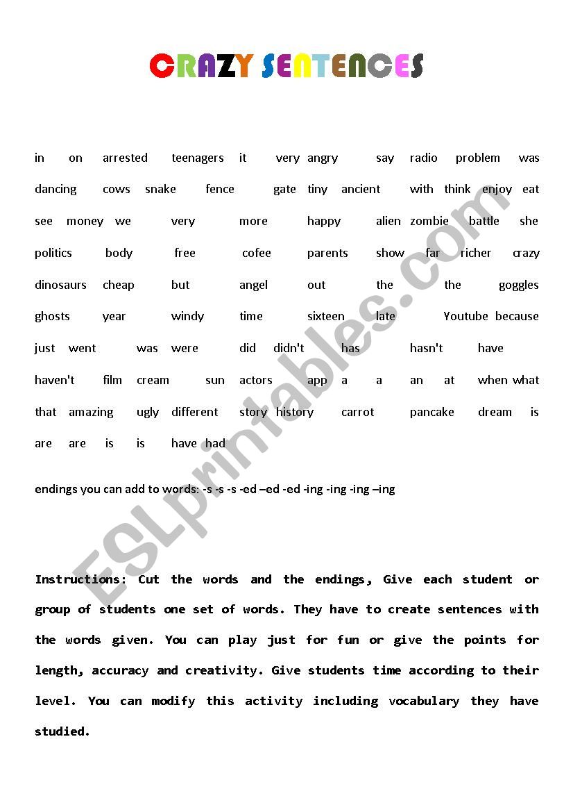 Crazy Sentences ESL Worksheet By Miriampeace