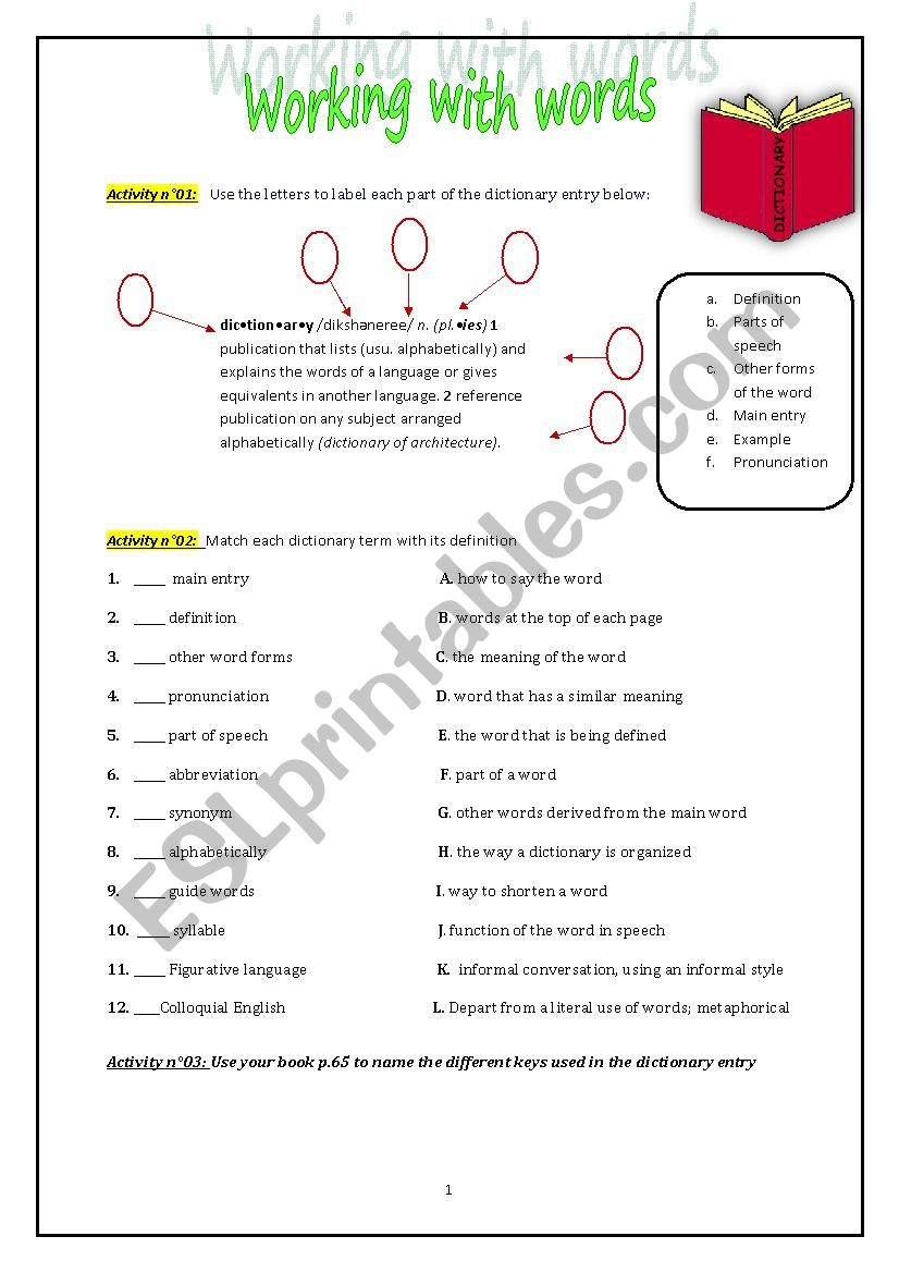 DICTIONARY USE ESL worksheet by imibella