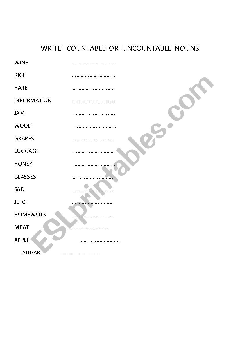 COUNTABLE AND UNCOUNTABLES worksheet