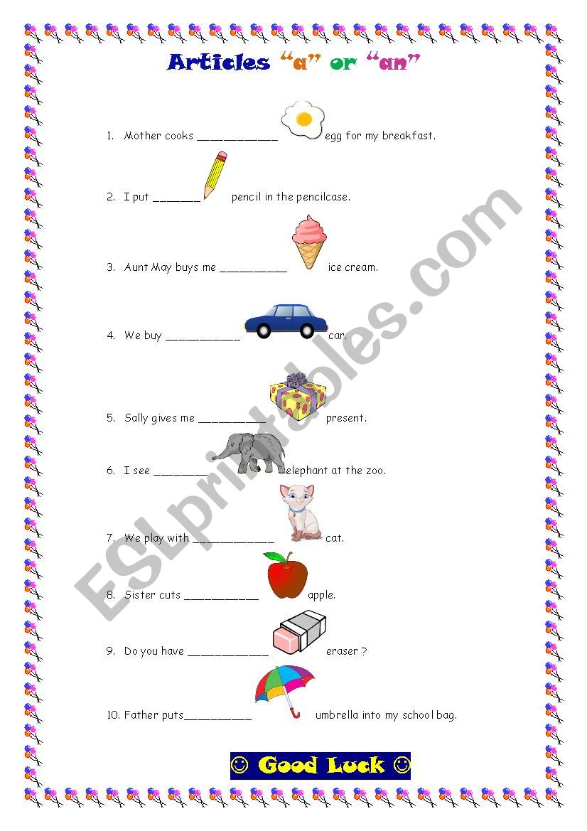 articles a or an in sentences worksheet
