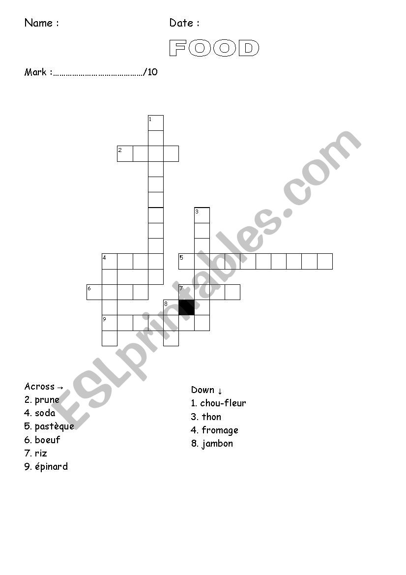 crossword food worksheet