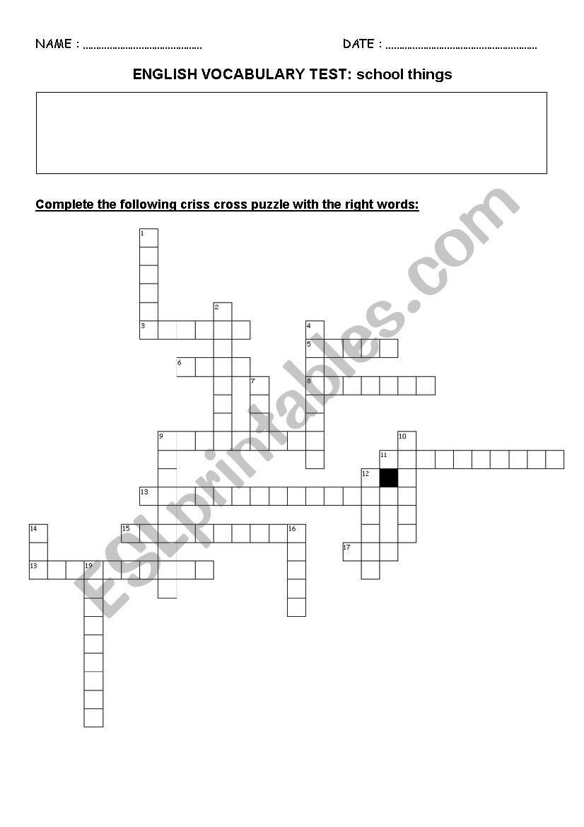 school things vocabulary test (crossword puzzle)
