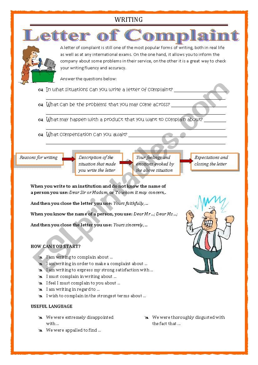 WRITING LETTER OF COMPLAINT ESL Worksheet By Keyeyti