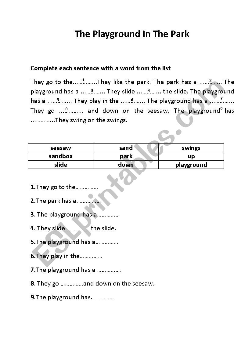 The Playground In The Park worksheet