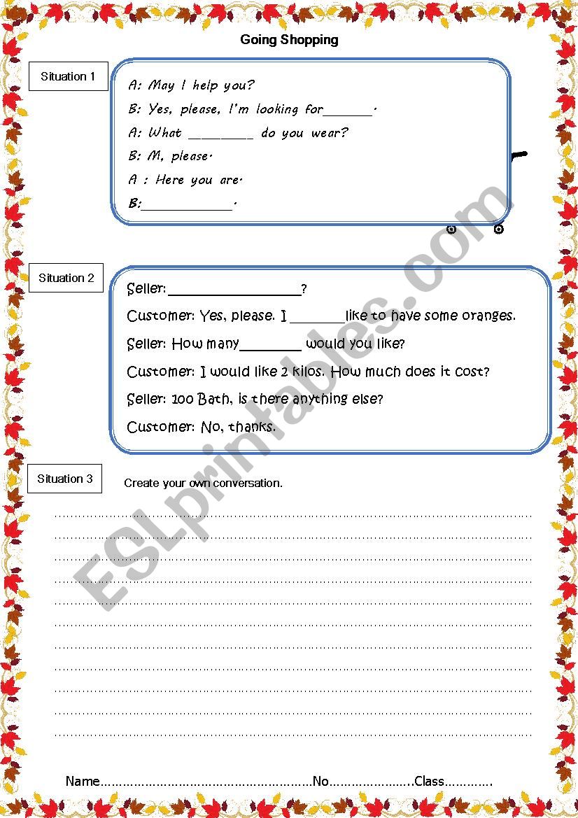 Going shopping worksheet