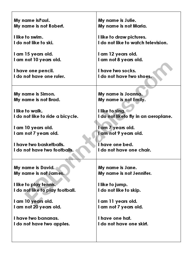 Personality cards worksheet