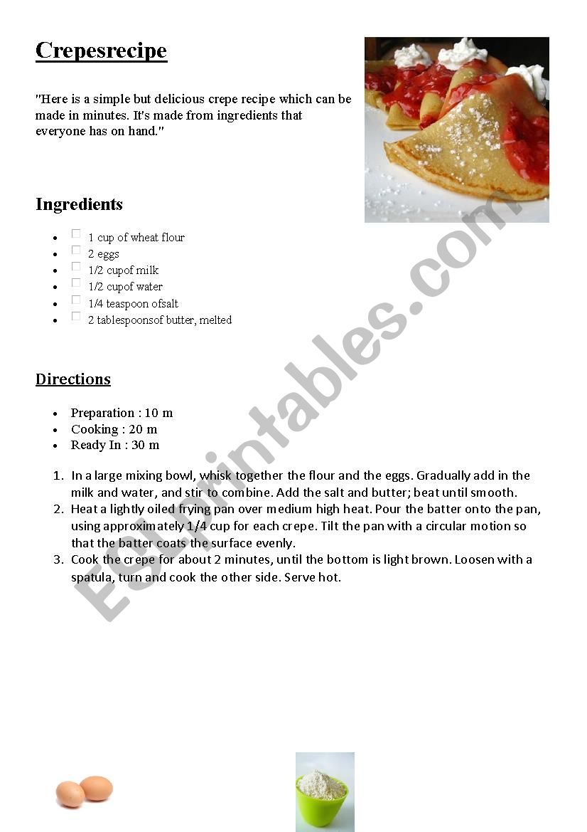 Crepes recipe worksheet