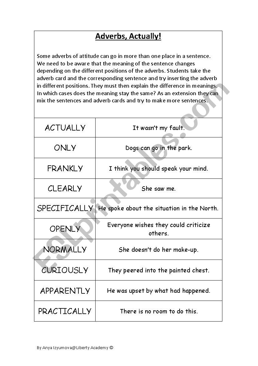 Adverbs, Actually worksheet
