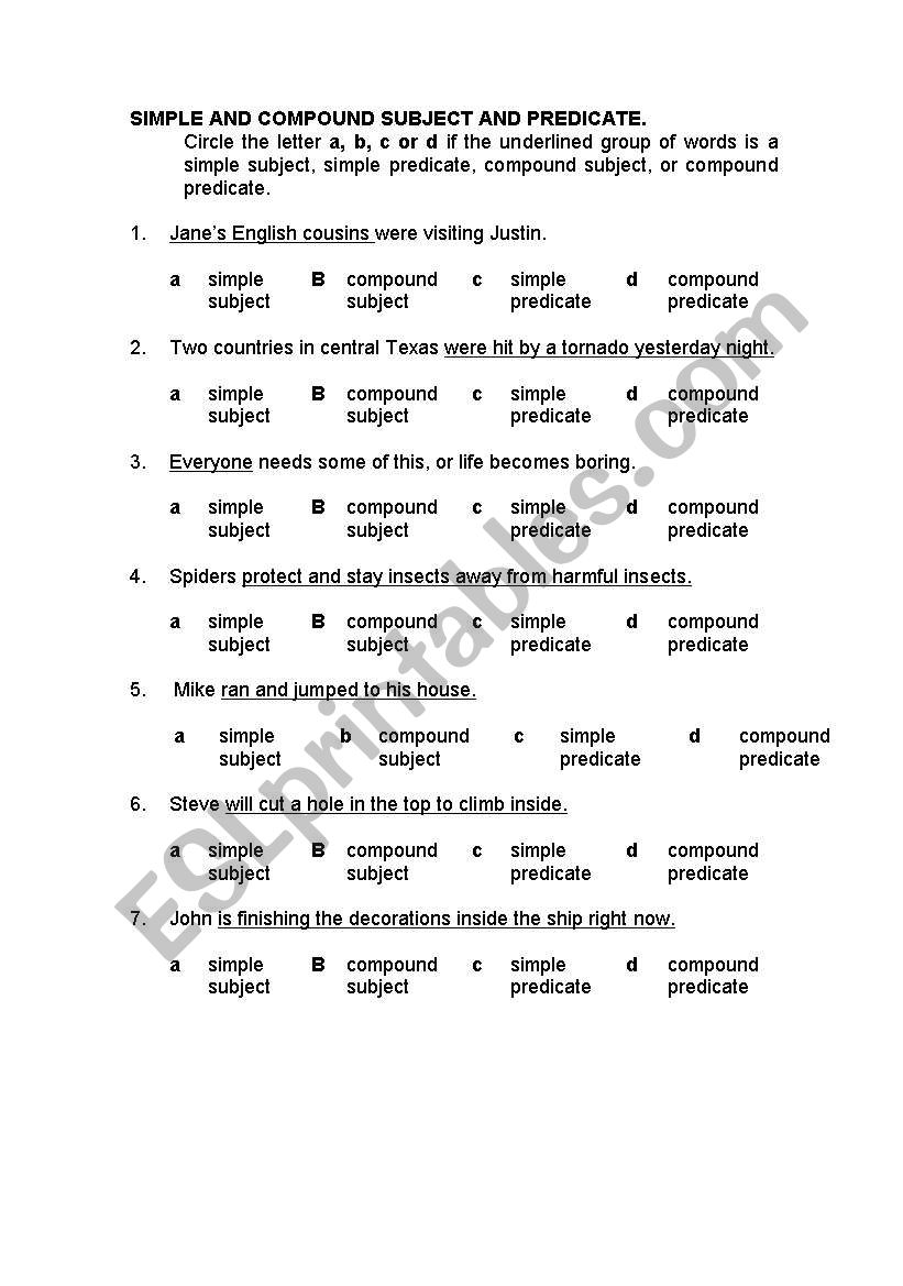 English Worksheets SIMPLE AND COMPOUND SUBJECT AND PREDICATE