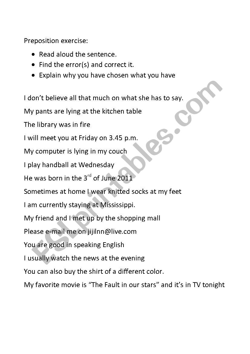 Preposition exercise worksheet