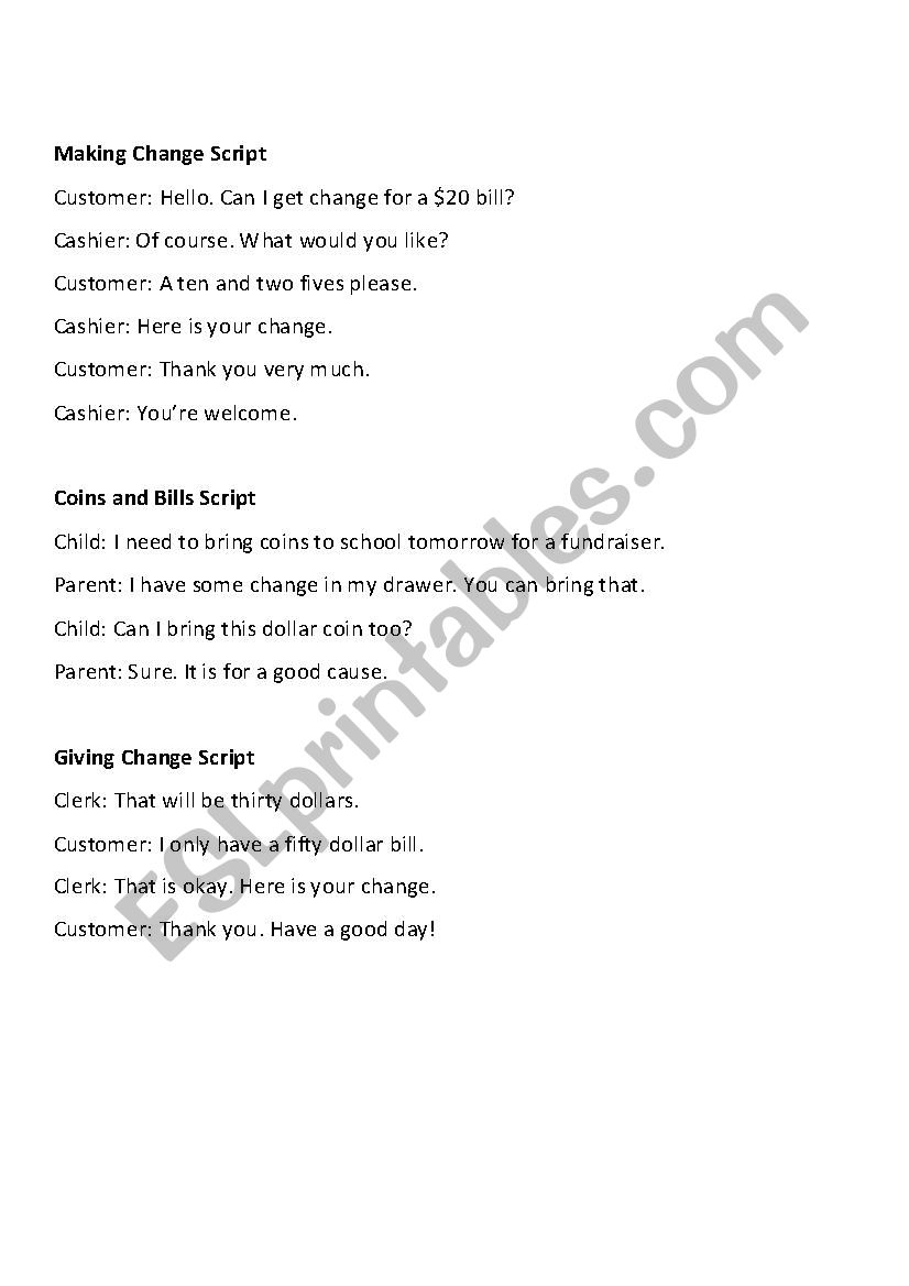 Change and Cash Script worksheet