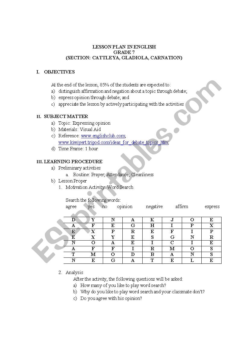 express opinion worksheet