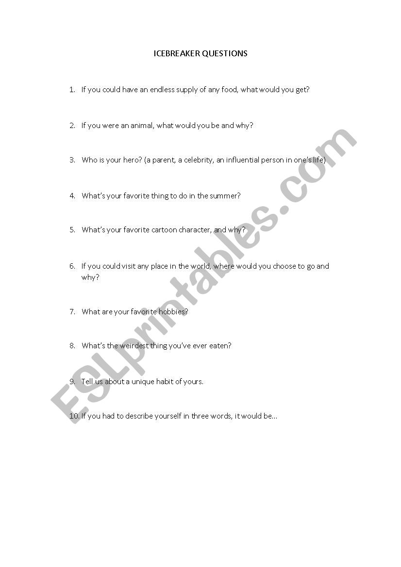 Icebreaker questions worksheet