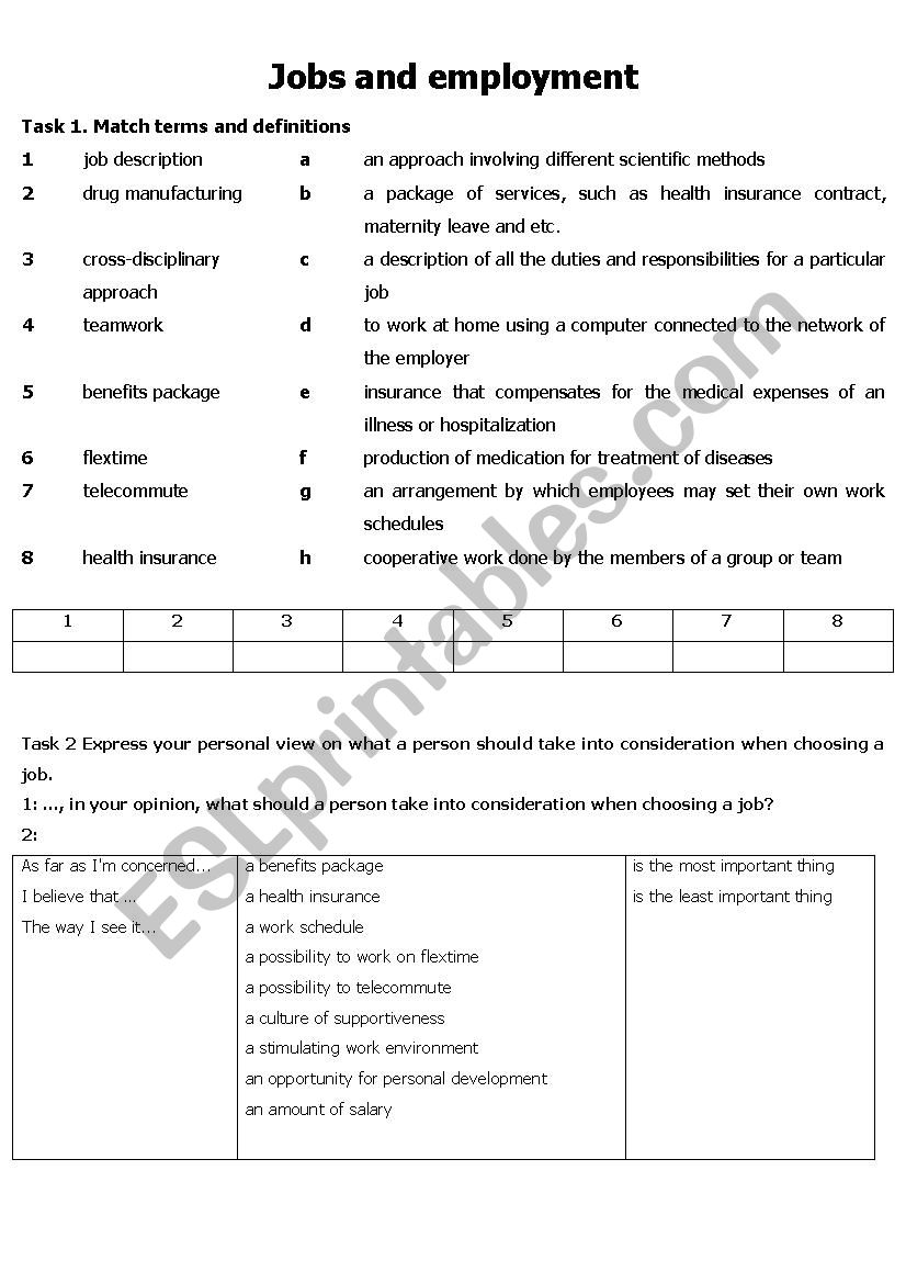 Jobs and employment worksheet