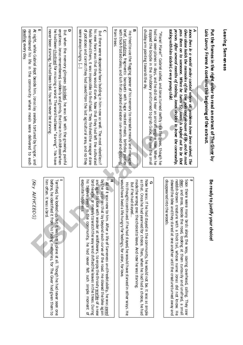 THE GIVER - Jumbled extract worksheet