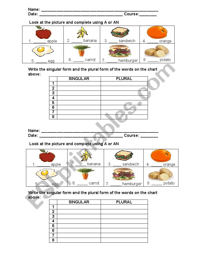 SINGULAR PLURAL A - AN worksheet