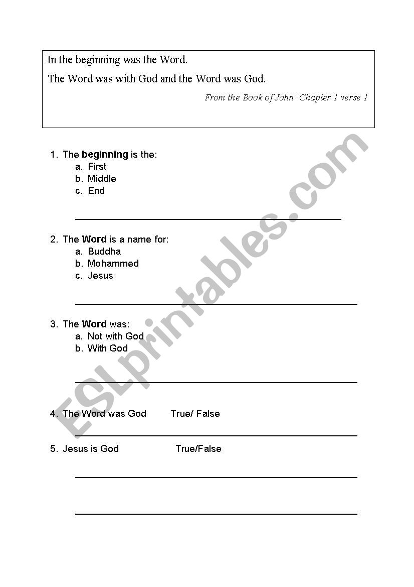 John 1 v1 Simple Bible Study worksheet