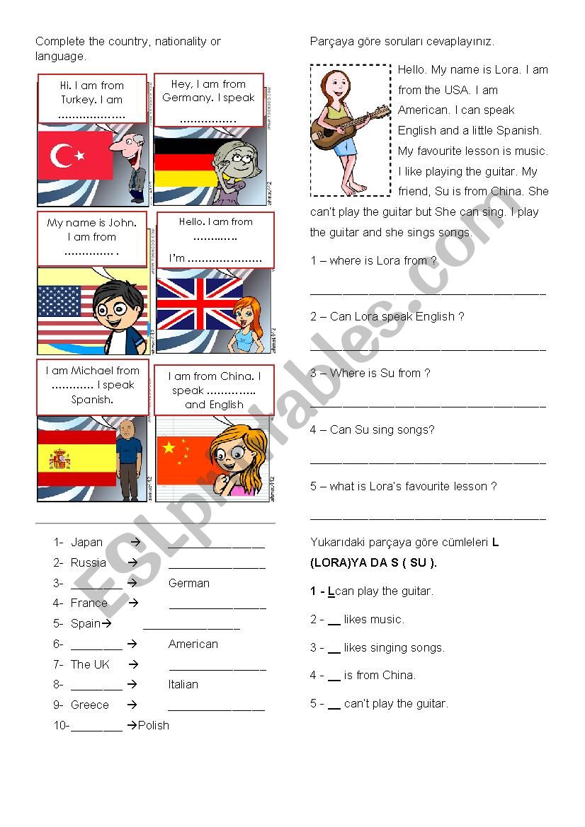 nationalities and likes worksheet
