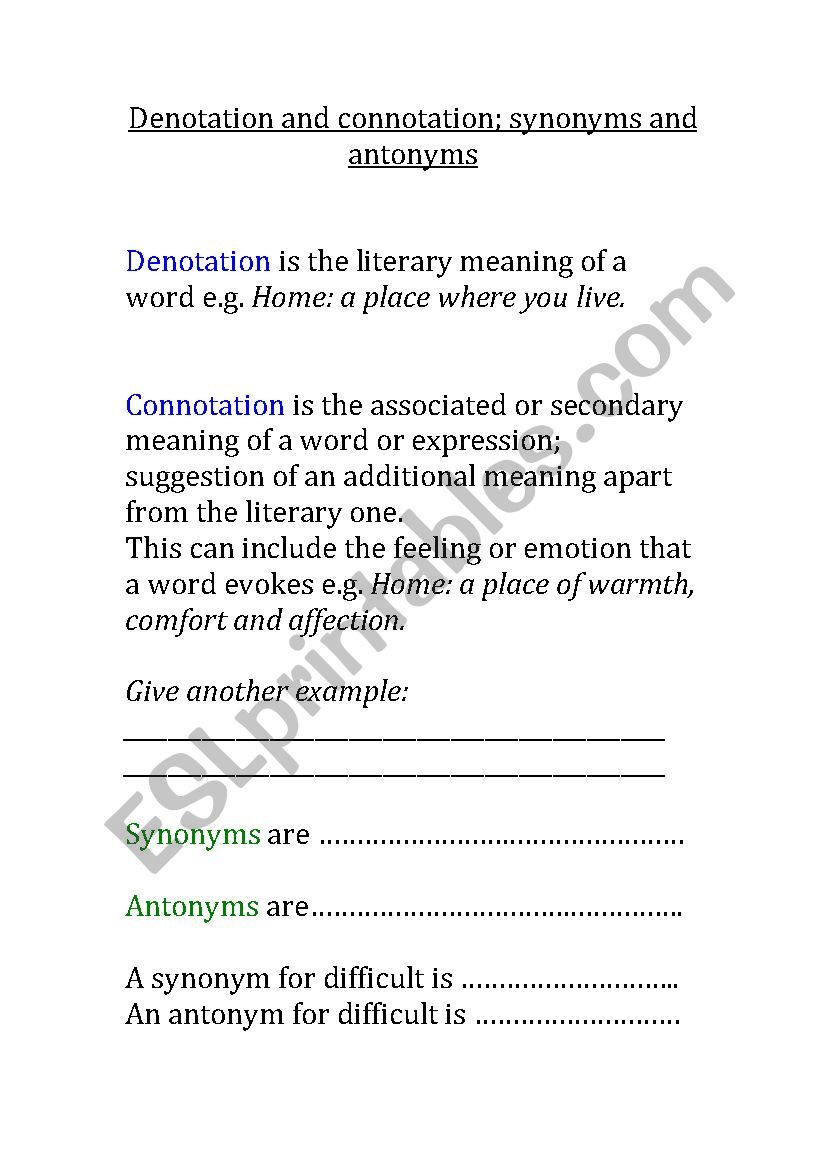Denotation and connotation - ESL worksheet by Offpistemummy