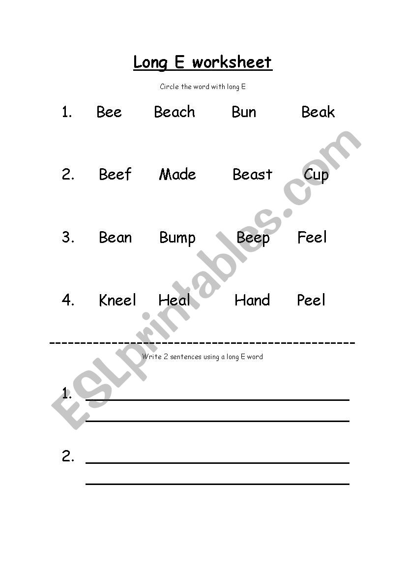 Long E worksheet worksheet