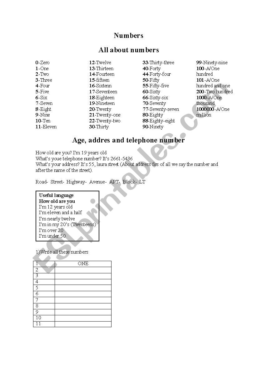 Numbers worksheet