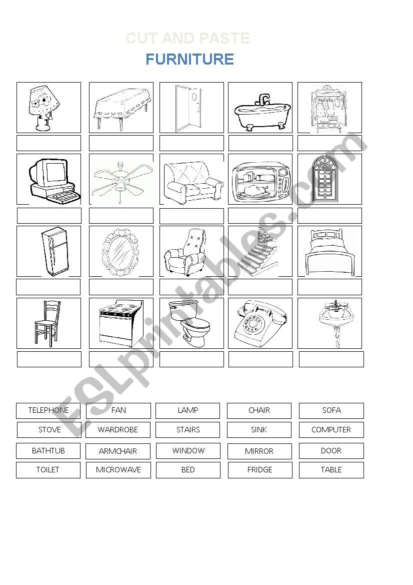 HOUSE - FURNITURE- CUT AND PASTE - ESL worksheet by genteboa