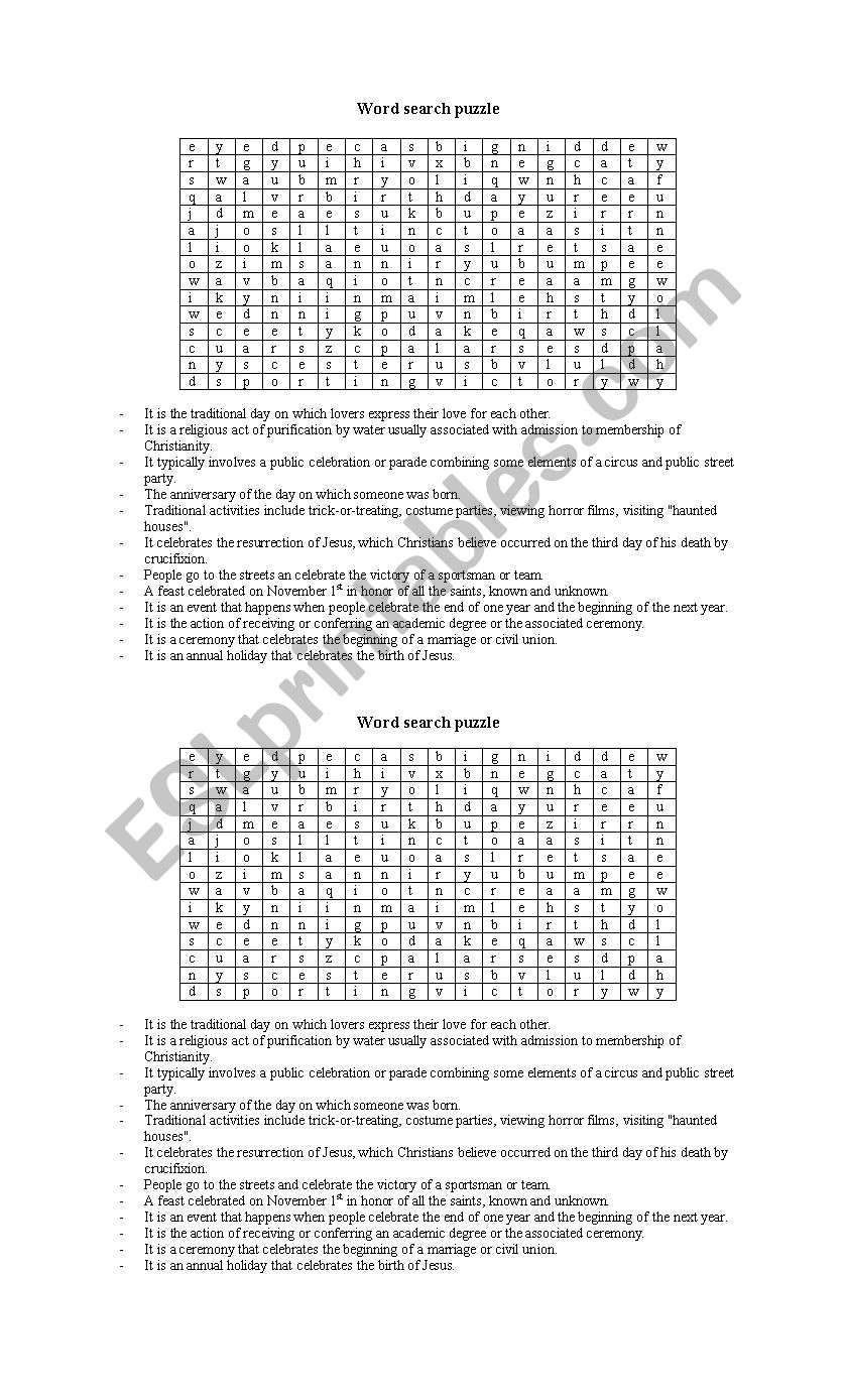 Holidays word search puzzle worksheet