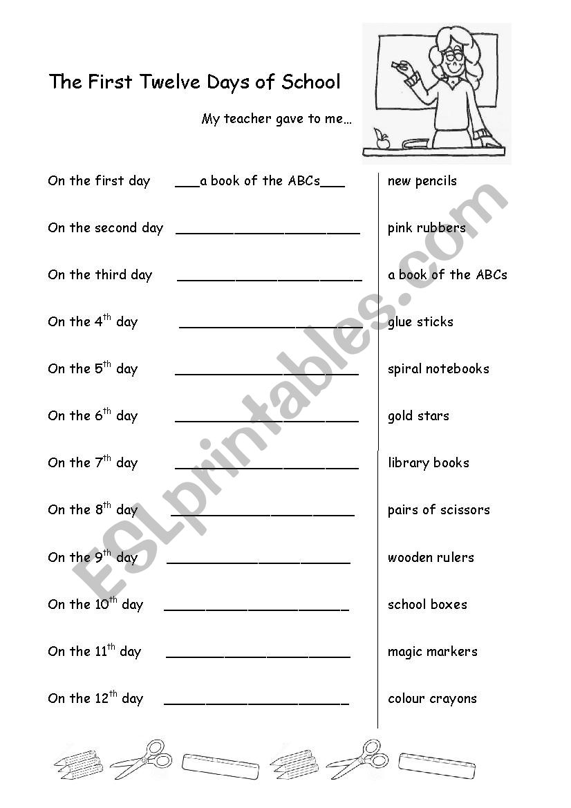 First twelve days of school worksheet