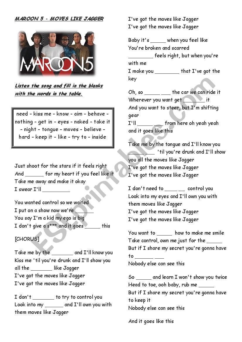 song worksheet - maroon 5 worksheet