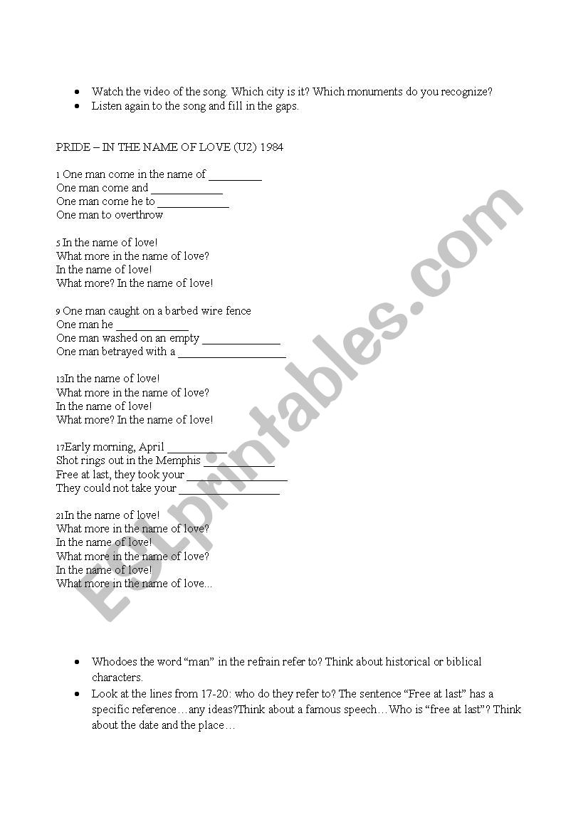 U2 Pride: lyrics and activity worksheet