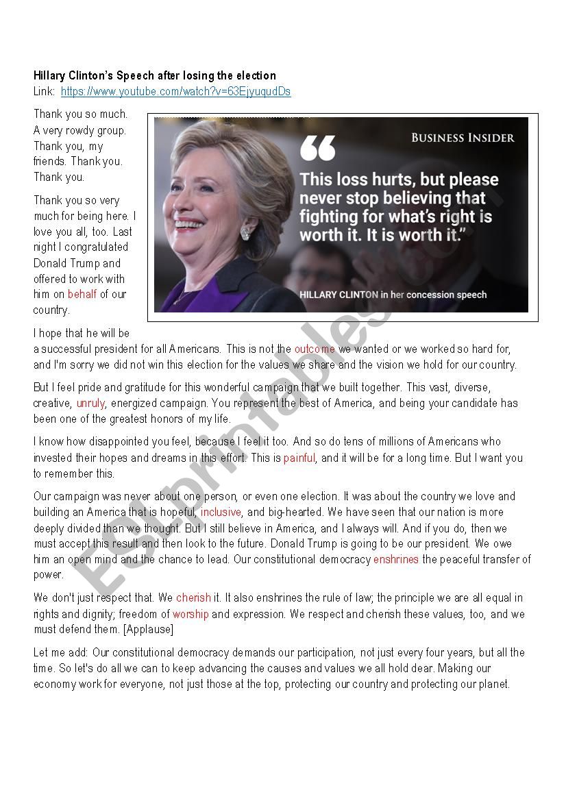 Hillary Clinton´s Concession Speech ESL worksheet by richardtucker