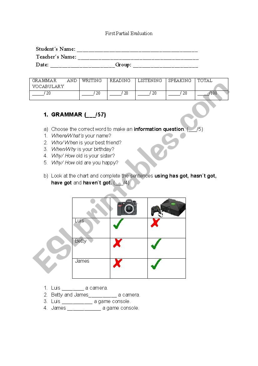 Elementary exam worksheet