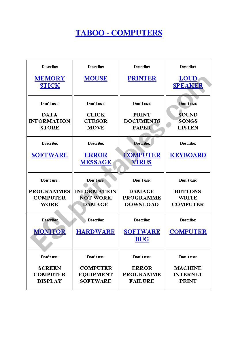 Computers Taboo game worksheet