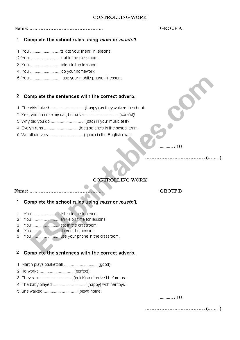 Adverbs and modal verb must worksheet