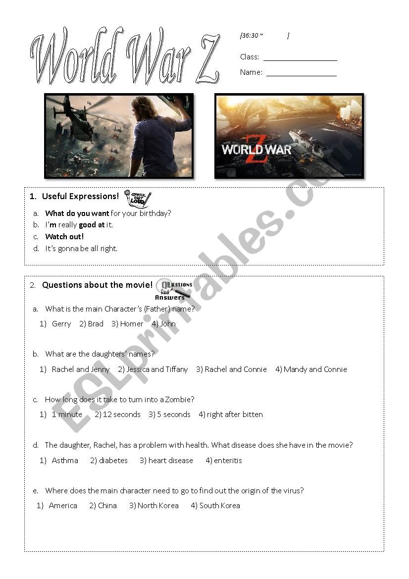 world war Z worksheet worksheet