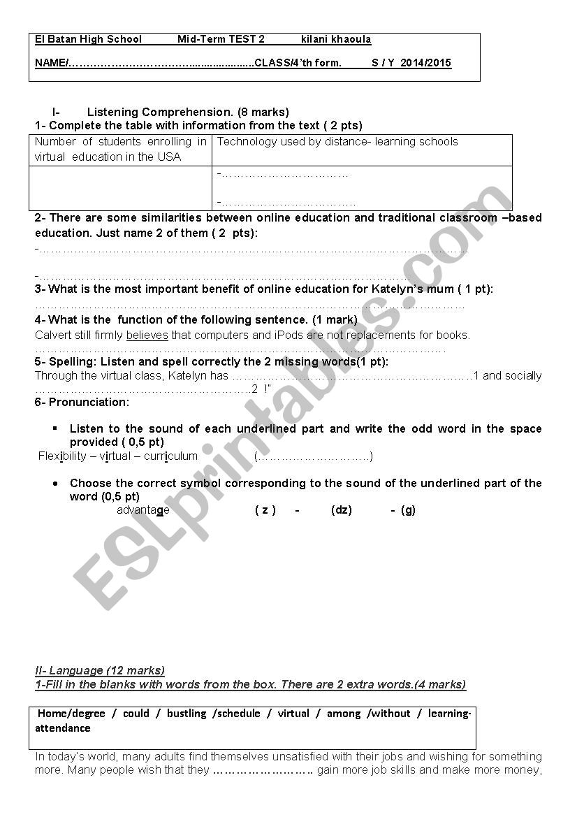 4´th form mid-term test - ESL worksheet by khaoula kilani