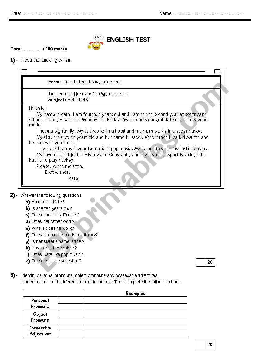 English Test worksheet