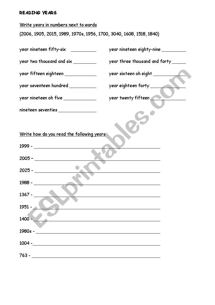 Reading years worksheet