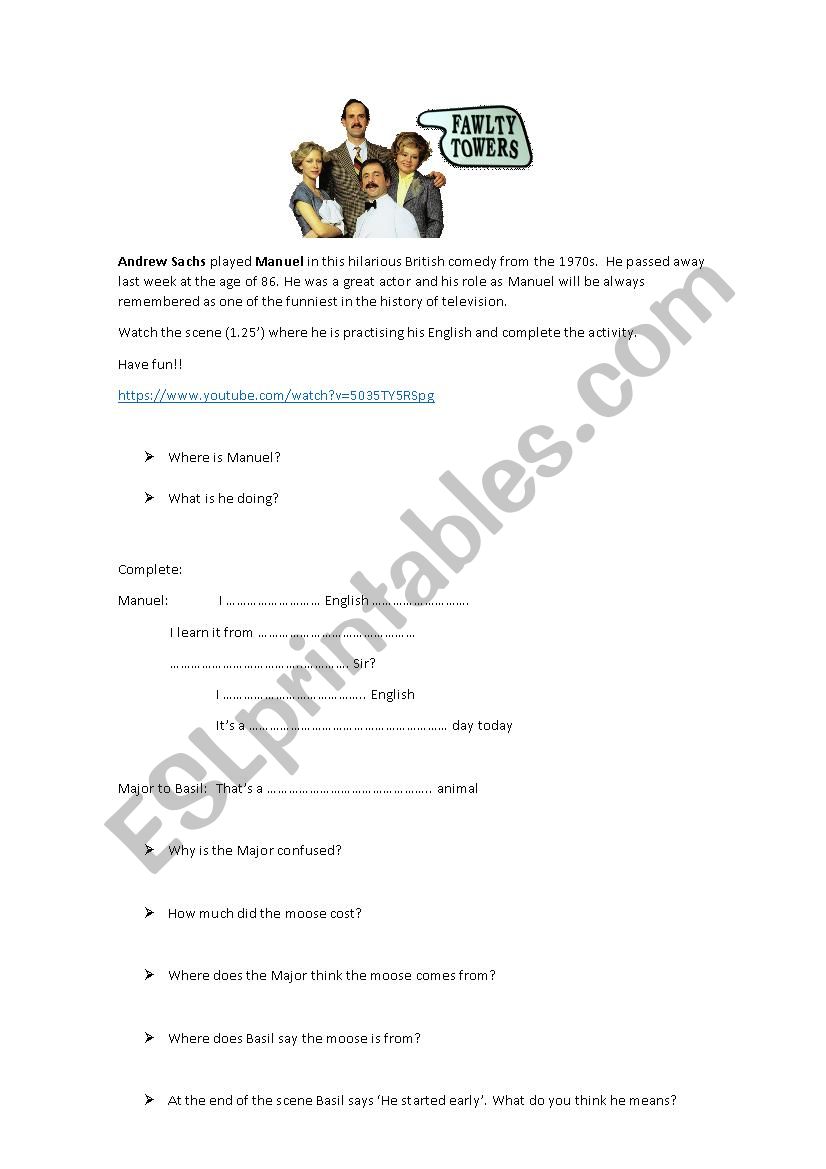 Fawlty Towers Manuel learns English - ESL worksheet by hook