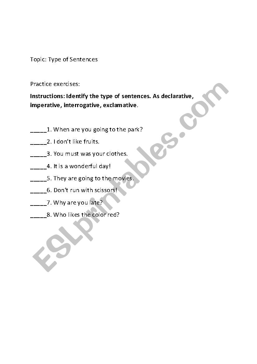 Type of Sentences worksheet