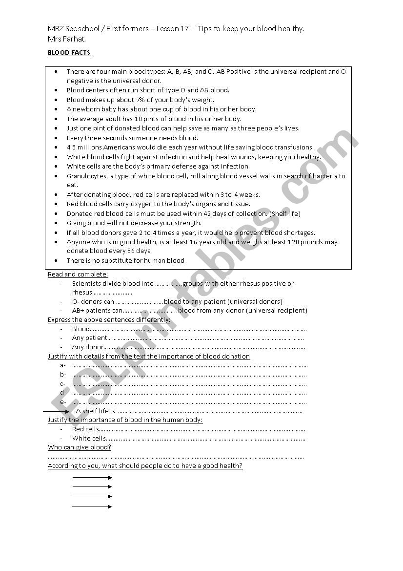 FIRST FORM health matters worksheet